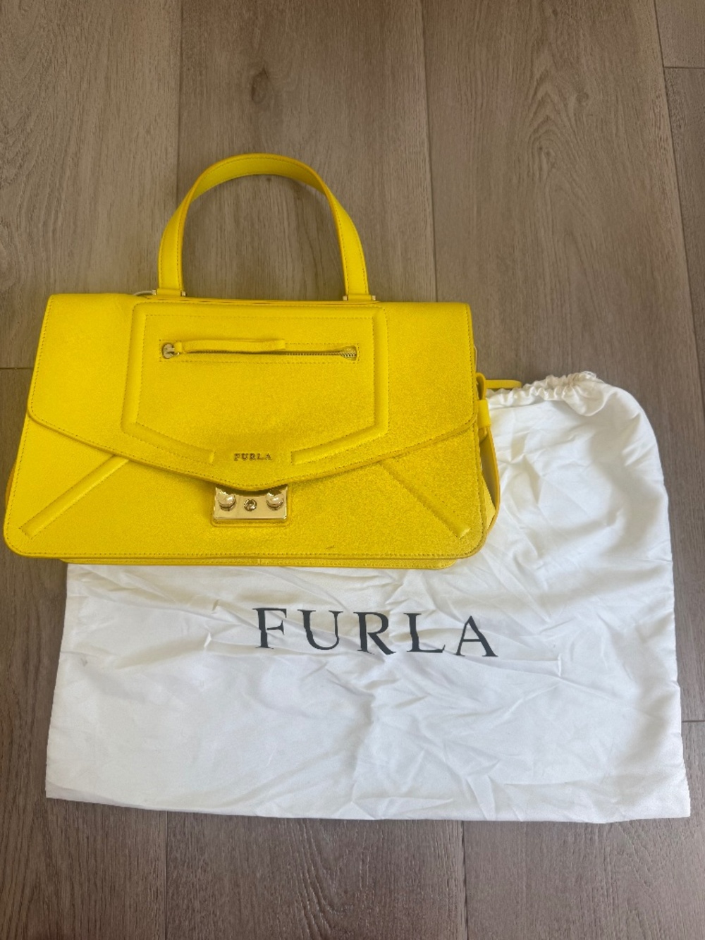 Furla Elena Medium Sunny Yellow Leather Satchel Crossbody Bag Made in Italy